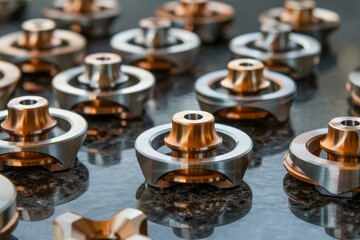 Precision machined metal parts with copper components are awaiting the next step in their manufacturing process