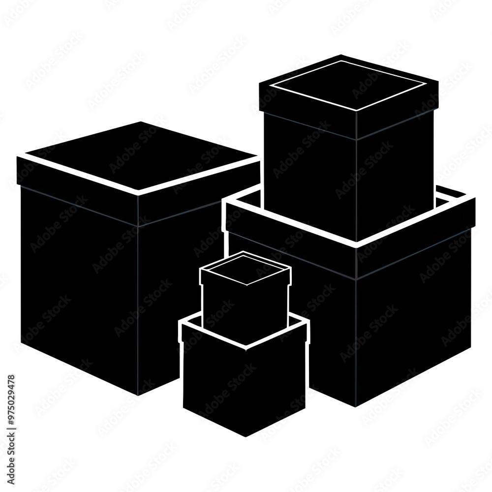 Poster a collection of black silhouette boxes in different sizes is arranged on a plain background featurin
