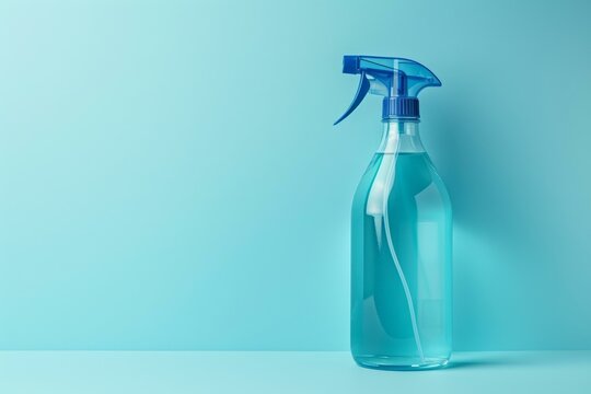Blue transparent spray bottle standing on a blue surface with a blue background and copy space