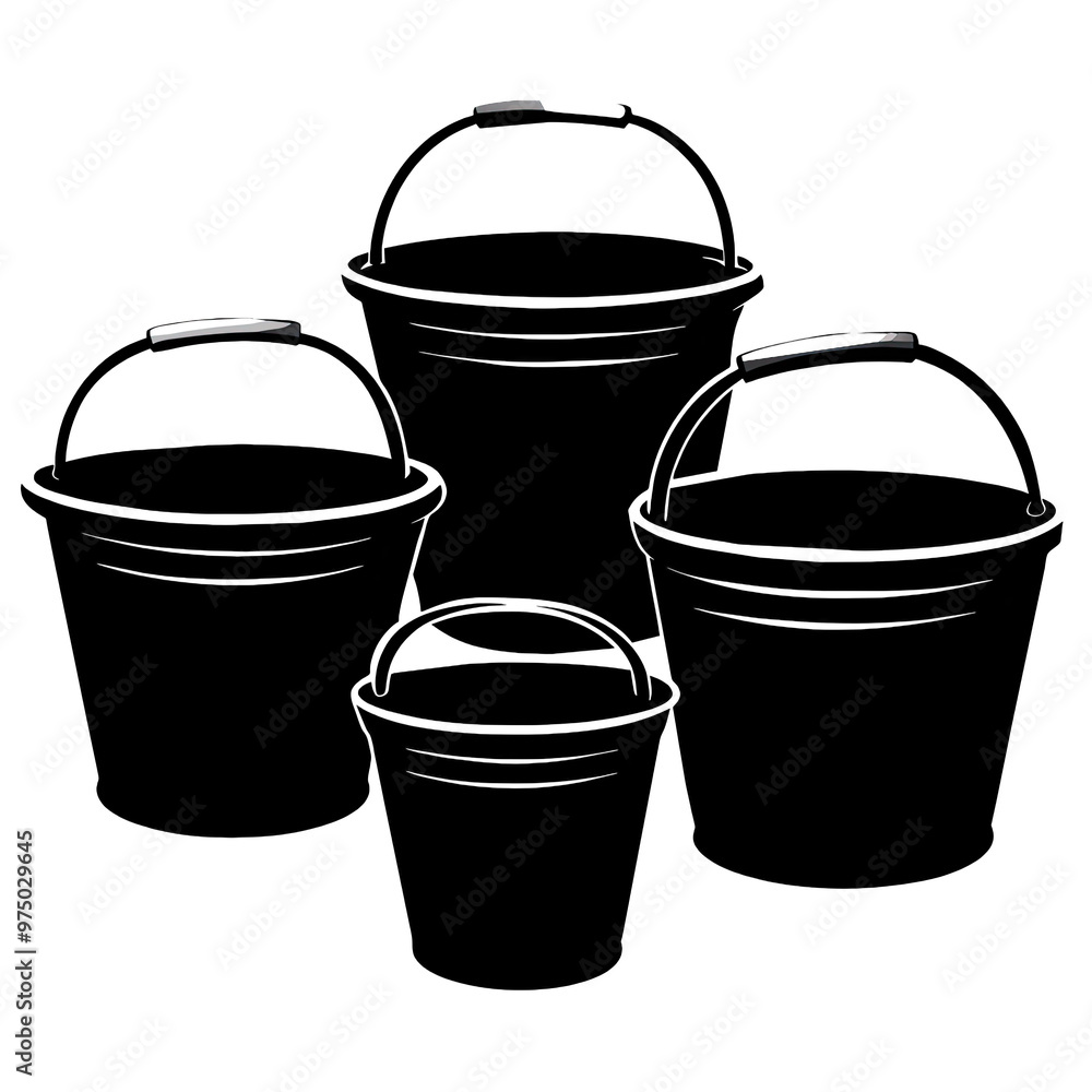 Poster four black silhouette buckets of different sizes are displayed featuring simple design elements and 