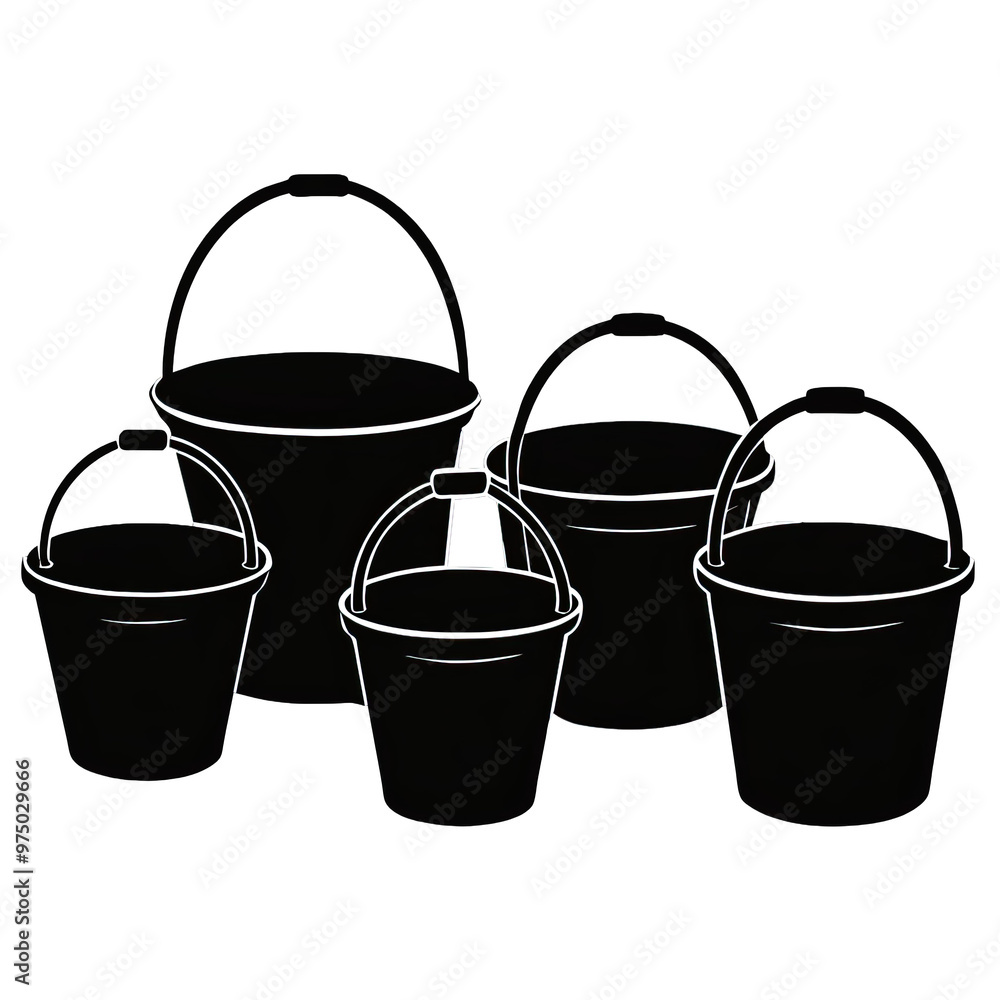 Poster five black silhouette buckets of different sizes displayed together suitable for art scale applicati