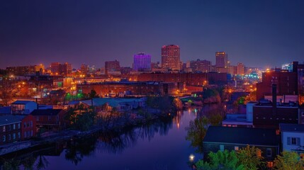 Obraz premium A scenic cityscape at dusk with a river reflecting the city lights.
