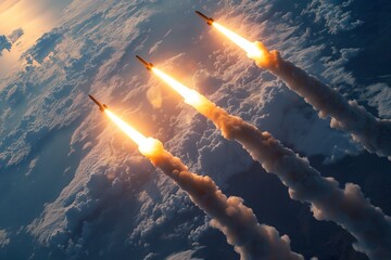 Three missiles launch from a platform into the sky during a military demonstration over the ocean at sunset