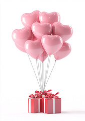 pink heart-shaped balloons with red gift boxes below, isolated on a white background