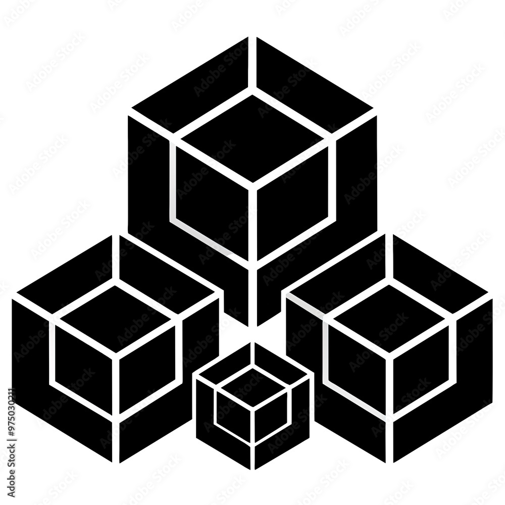 Poster a collection of four black silhouette cubes of different sizes is displayed together highlighting th