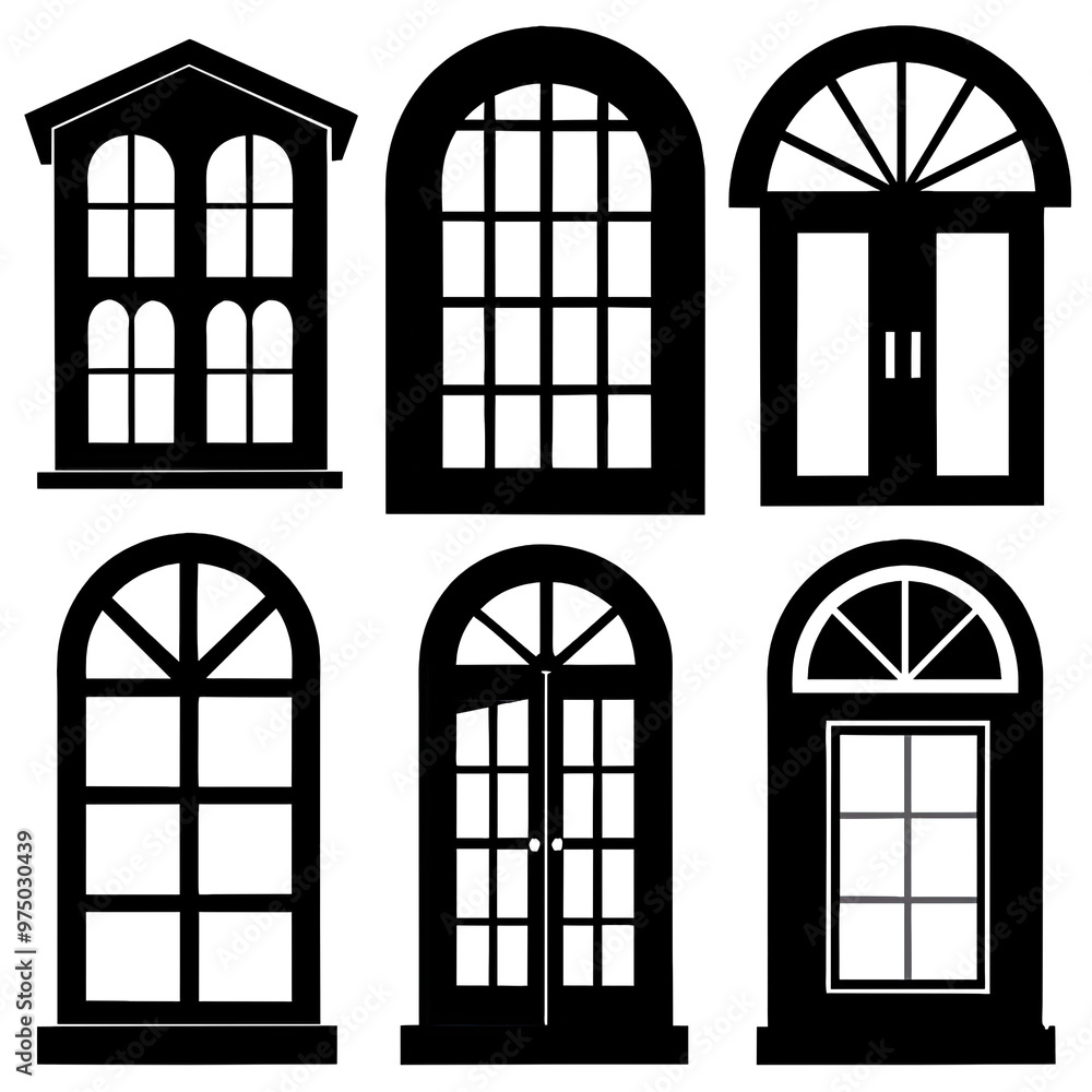 Poster a collection of black silhouettes featuring different window styles highlighting unique shapes and d