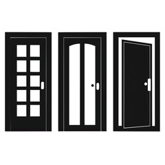 Three distinct doors in black silhouette showcase unique designs and styles presented in an artistic layout that emphasizes their characteristics and shapes