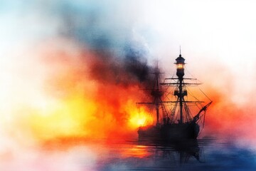 Fototapeta premium Ghostly Pirate Ship Guided by Haunted Lighthouse in Eerie Glow - Watercolor Style Illustration