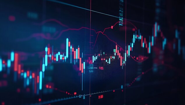 stock market graph on the screen, displaying rising candlestick charts and trading lines