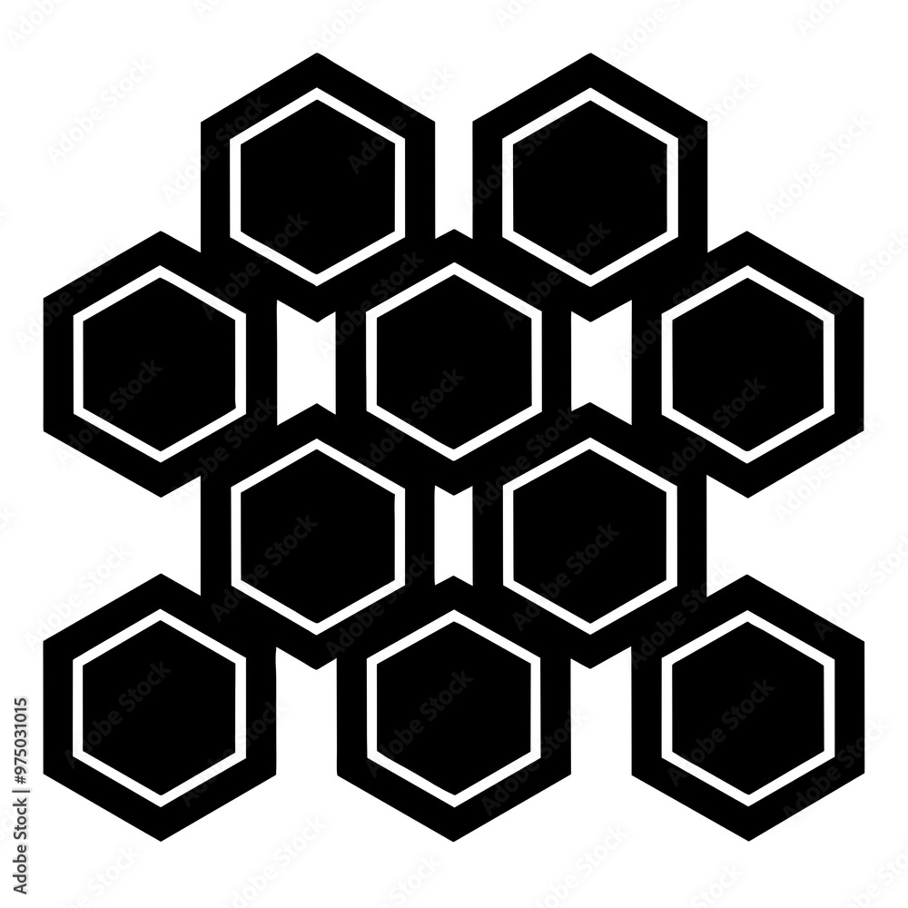 Poster a black silhouette showcases a honeycomb design featuring a series of interlocking hexagonal shapes 