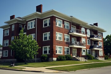 Obraz premium Classic brick apartment building with white trim is standing on a corner lot on a sunny summer day