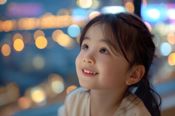 A joyful moment of a Chinese girl with big eyes laughing while enjoying a lively party atmosphere in a city at night