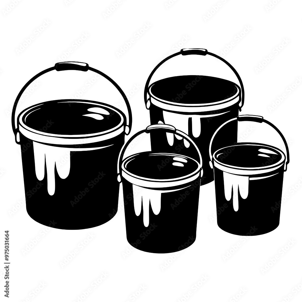 Poster Four paint buckets of different sizes are displayed as black silhouettes creating a striking visual effect outlined against a simple background