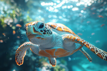 Fototapeta premium An enormous, luminous sea turtle gliding through a busy shopping mall, creating a serene contrast to the hectic commercial environment. Concept of magical creatures in everyday spaces.