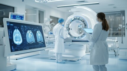 Advanced healthcare facility AI diagnostic systems operate medical equipment technology. AI generated