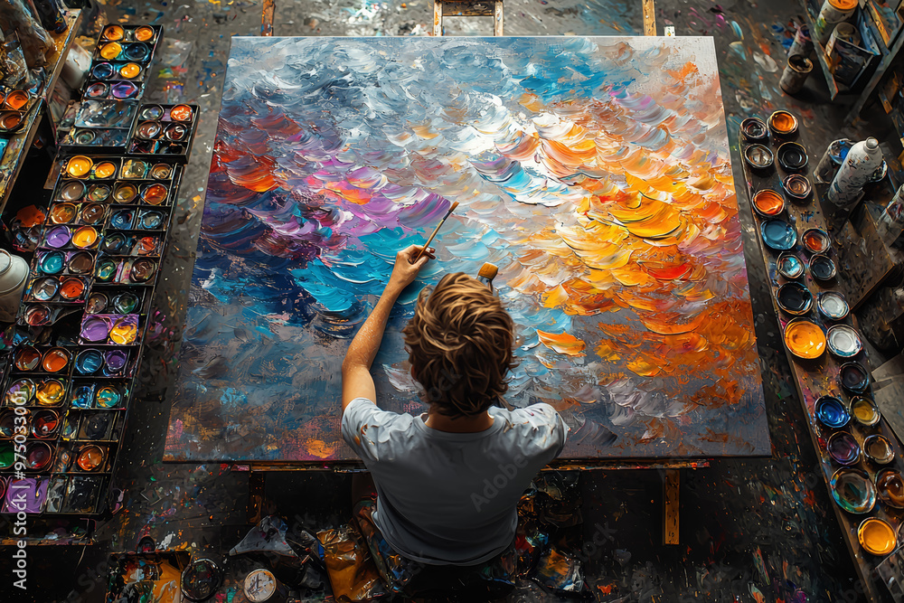 Poster a young person attending a vibrant art class, working on a large canvas with a range of bright paint