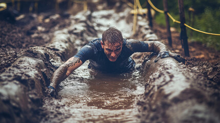 Man crawling through a muddy obstacle course during a challenging outdoor endurance race with intense focus and determination