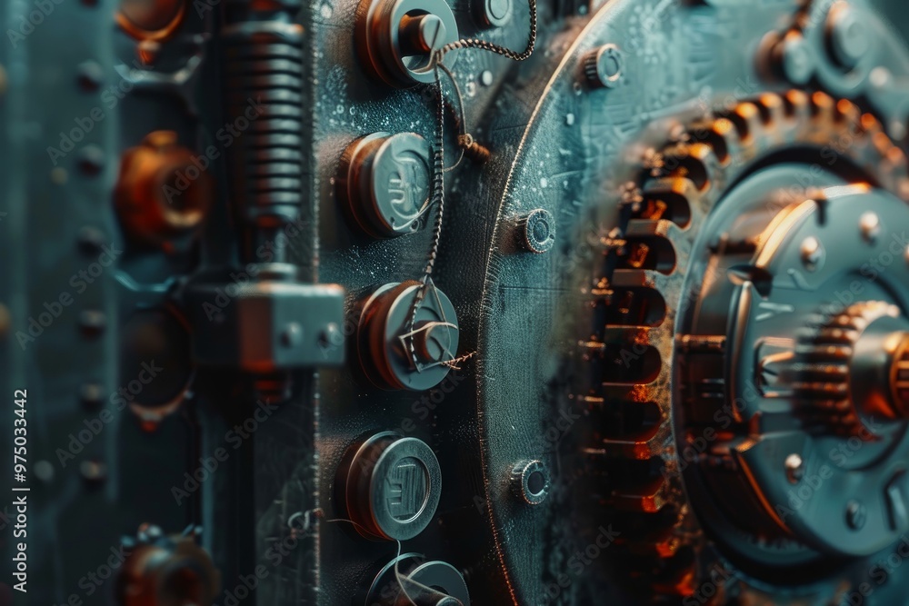 Poster close up of a complex mechanism with rotating parts, showcasing intricate engineering and industrial