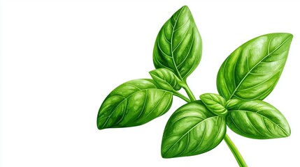   Basil sketch on white backdrop with green stem up front