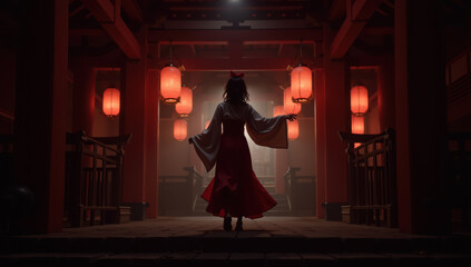 Obraz premium Traditional Japanese woman in a kimono dancing under temple lanterns at night
