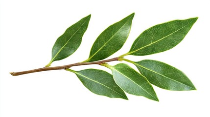 Fototapeta premium A white background features a green leafy branch with a reflection on its rear