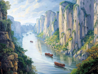Fototapeta premium Majestic Chinese river landscape with boats navigating through towering cliffs