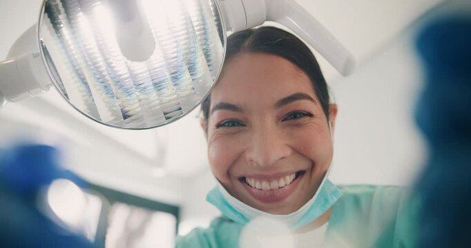 Happy woman, dentist or cleaning teeth with tools for dental care, cavity or gingivitis at clinic. POV, female person or orthodontist with suction or ultrasonic scaler for tooth extraction or implant