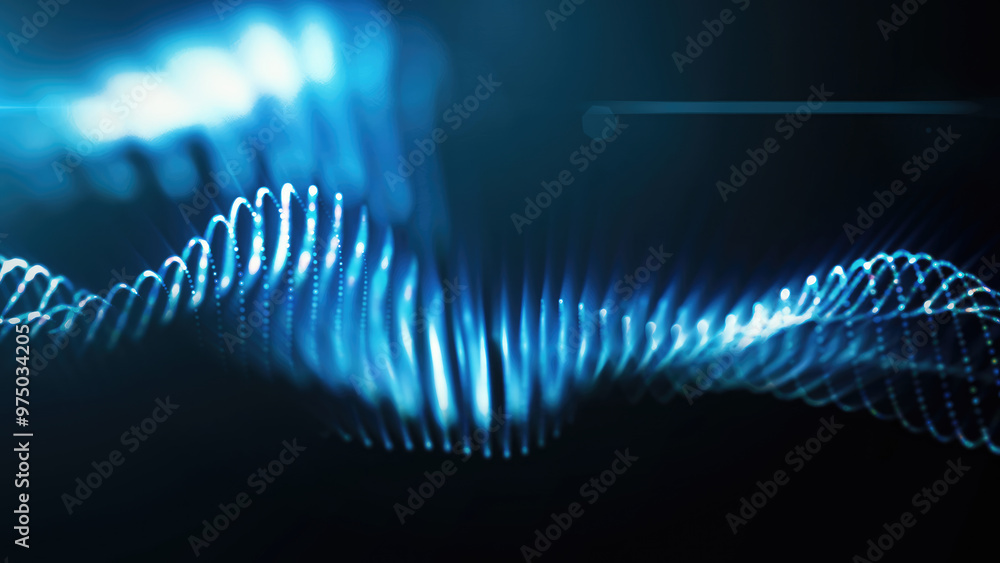 Poster a mesmerizing display of blue glowing particle waves, representing abstract energy flows against a d