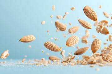 Almonds in mid-air with scattered almond fragments against a light blue background.