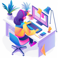 Obraz premium computer office desk woman working laptop workspace productivity home office remote work headphones monitor plant coffee lamp stationery notebook