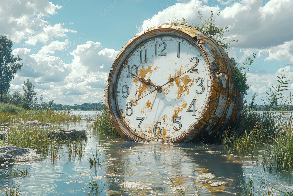 Poster a gigantic, floating clock with melting numbers hovering over a serene lake, distorting time in an o