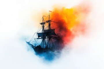 Obraz premium Ghostly Voyage: Cursed Pirate Ship Sailing Through Eerie Mist in Watercolor Style