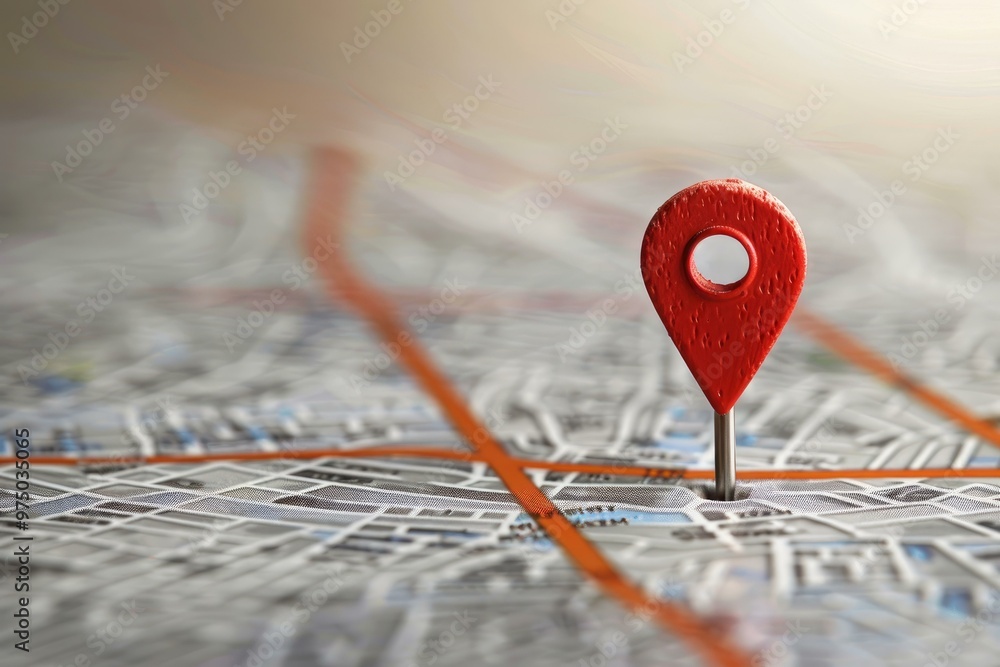 Poster red location pin pointing a specific location on a city map