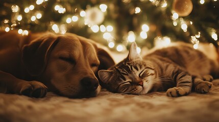 A dog and cat napping together in front of a glowing Christmas tree, creating a peaceful and funny moment