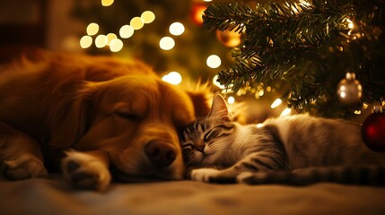 A dog and cat napping together in front of a glowing Christmas tree, creating a peaceful and funny moment