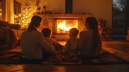 A family enjoying a cozy evening in front of the fireplace, telling stories and laughing together