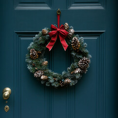 Christmas holiday wreath on beautiful entrance door