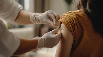 Obraz premium Doctor vaccinating woman in clinic. vaccination, disease prevention, close-up.