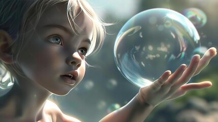   A close-up of a child with a bubble held in front of her face, examining the surrounding bubbles