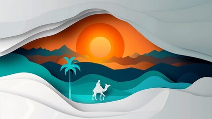 Paper cut art sunset desert landscape with camel and palm tree,  illustration