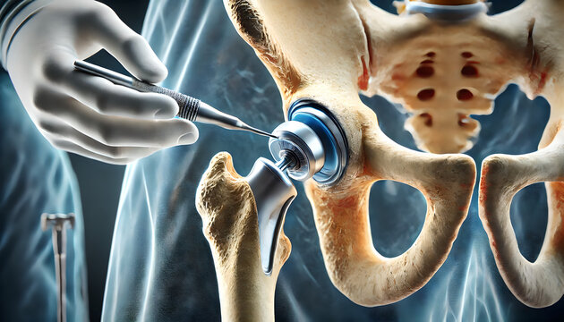3D Bone: Hip replacement surgery, surgeon replacing damaged hip joint with prosthetic implant. focus on metal, plastic components of prosthetic, artificial ball and socket in place of natural joint.