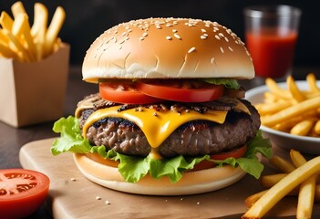 A close-up of a cheeseburger with a beef patty, melted cheese, lettuce, and tomato on a sesame seed bun