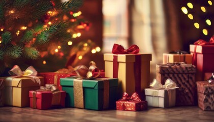 many bright gifts under the Christmas tree decorated with garland and toys, the concept of the Christmas and New Year holiday.