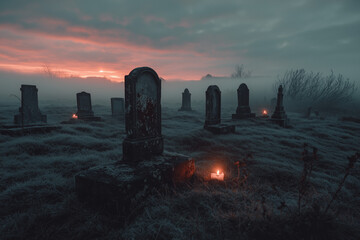 Foggy Graveyard at Dusk with Flickering Candles and Tombstones