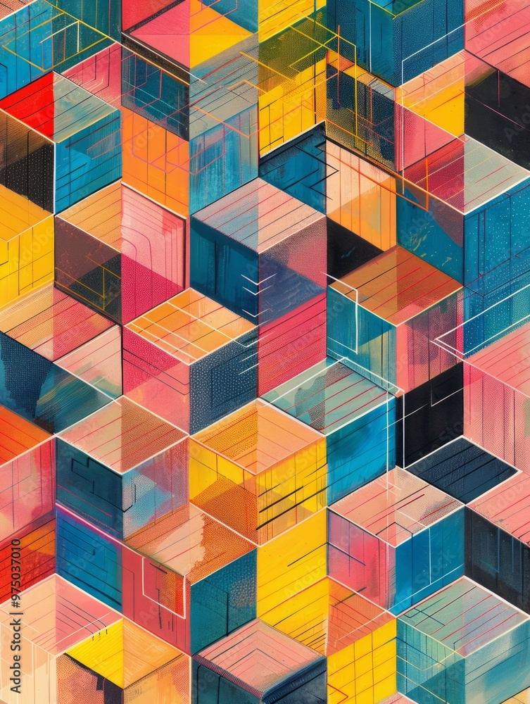 Poster vibrant and intricate geometric design featuring a series of cubes arranged in an isometric pattern