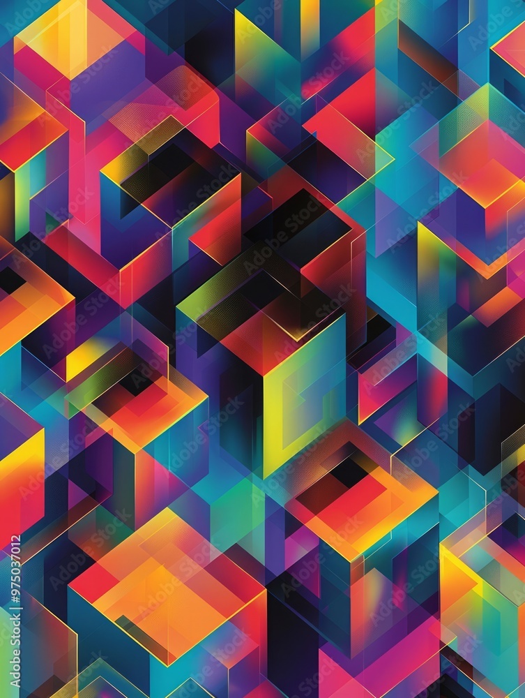 Poster vibrant and intricate geometric design featuring a series of cubes arranged in an isometric pattern