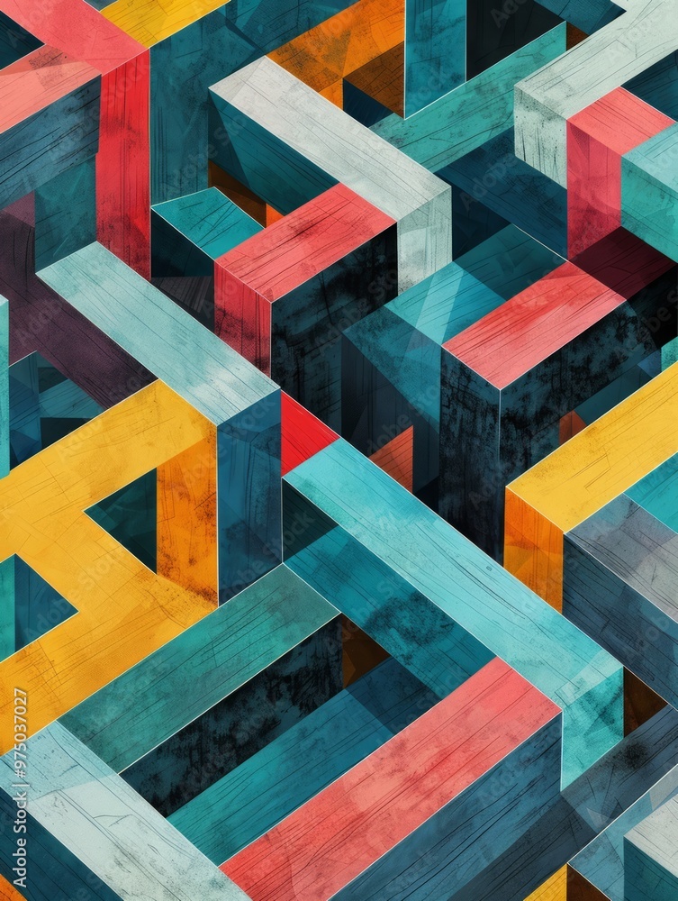 Poster vibrant and intricate geometric design featuring a series of cubes arranged in an isometric pattern