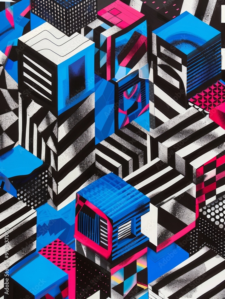 Poster vibrant and intricate geometric design featuring a series of cubes arranged in an isometric pattern