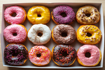 Colorful doughnuts in a white box on a table, top view.