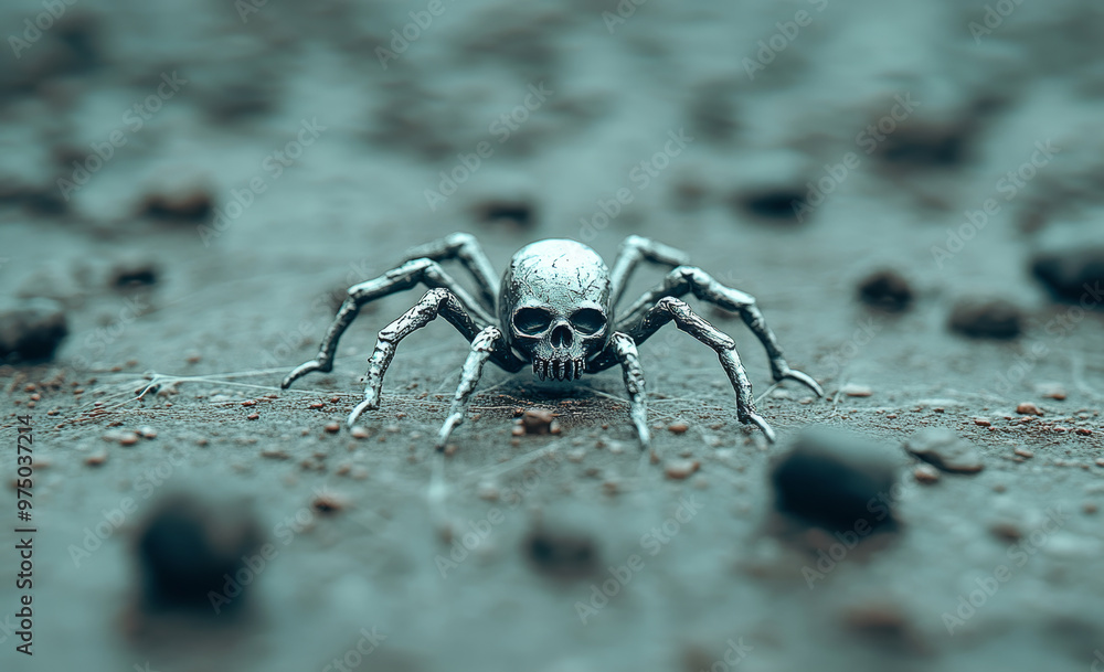 Poster a creepy spider with a skull on its back is standing on a rocky surface. the spider appears to be a 